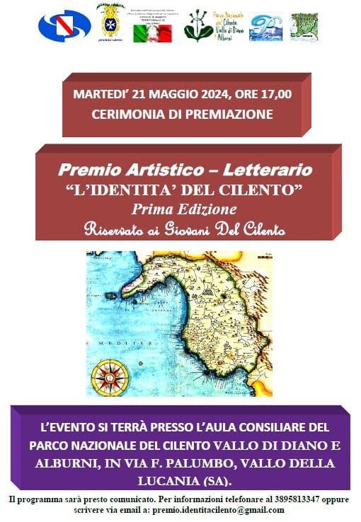 Si terrà martedì 21 maggio 2024 alle ore 17,00 presso l’Aula Consiliare del Parco Nazionale del Cilento Vallo di Diano e Alburni, in Via F. Palumbo, a Vallo della Lucania (SA), la cerimonia di premiazione del Premio Artistico - Letterario